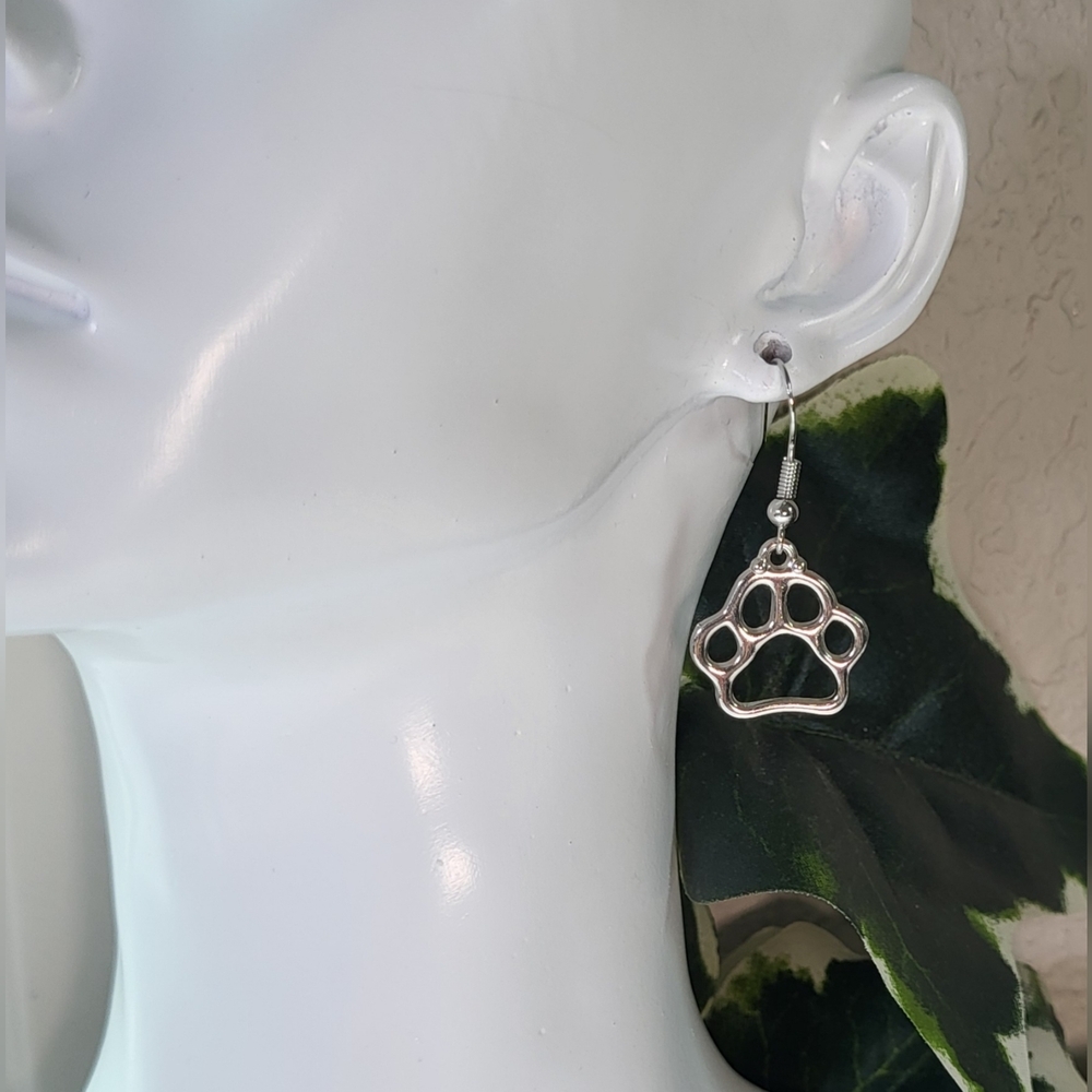 Silver Paw Print Statement Dangle Earrings / Pierced - Picture 2 of 5
